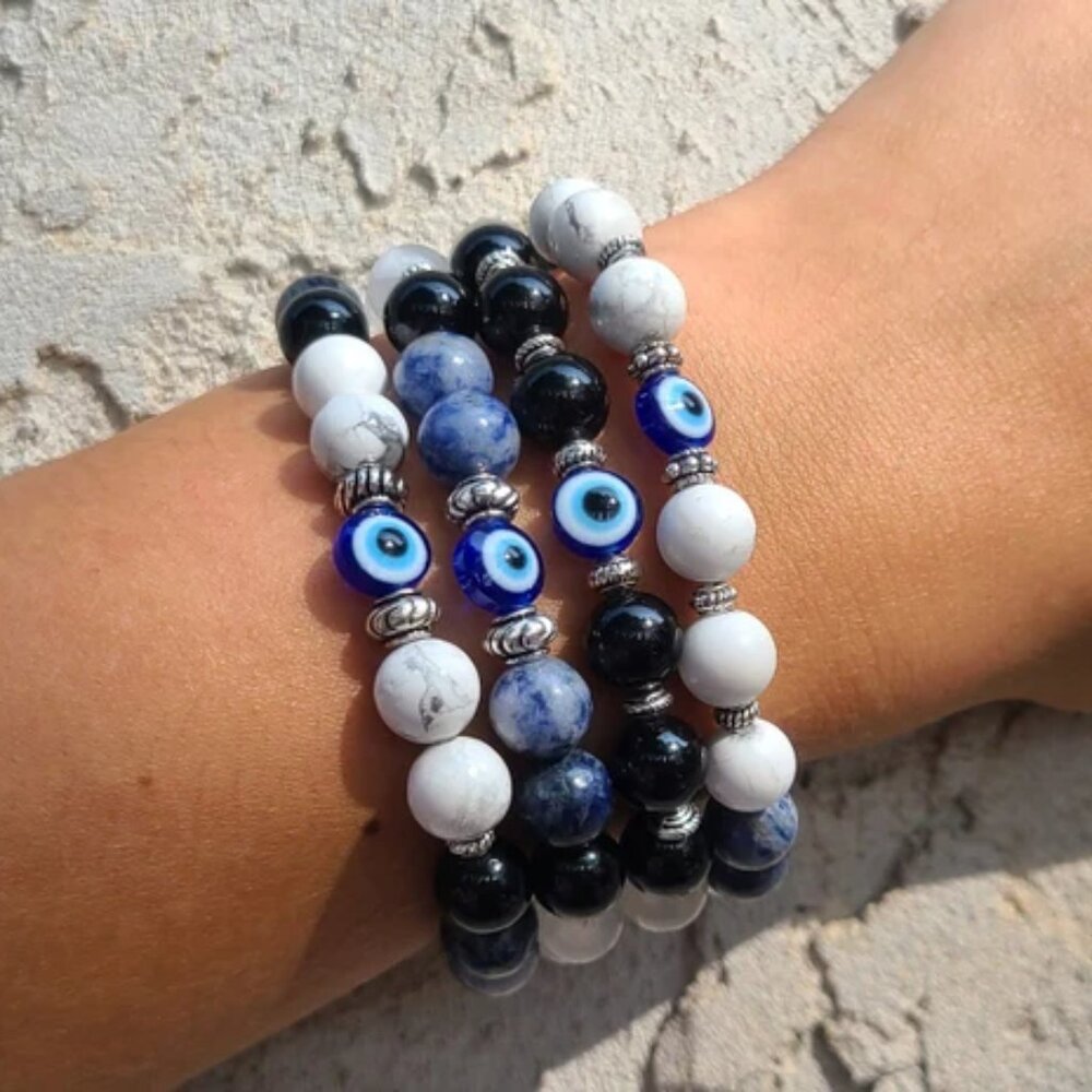 Natural Stone Evil Eye Bracelet (Selenite, Black Obsidian, Blue Sodalite) View 2